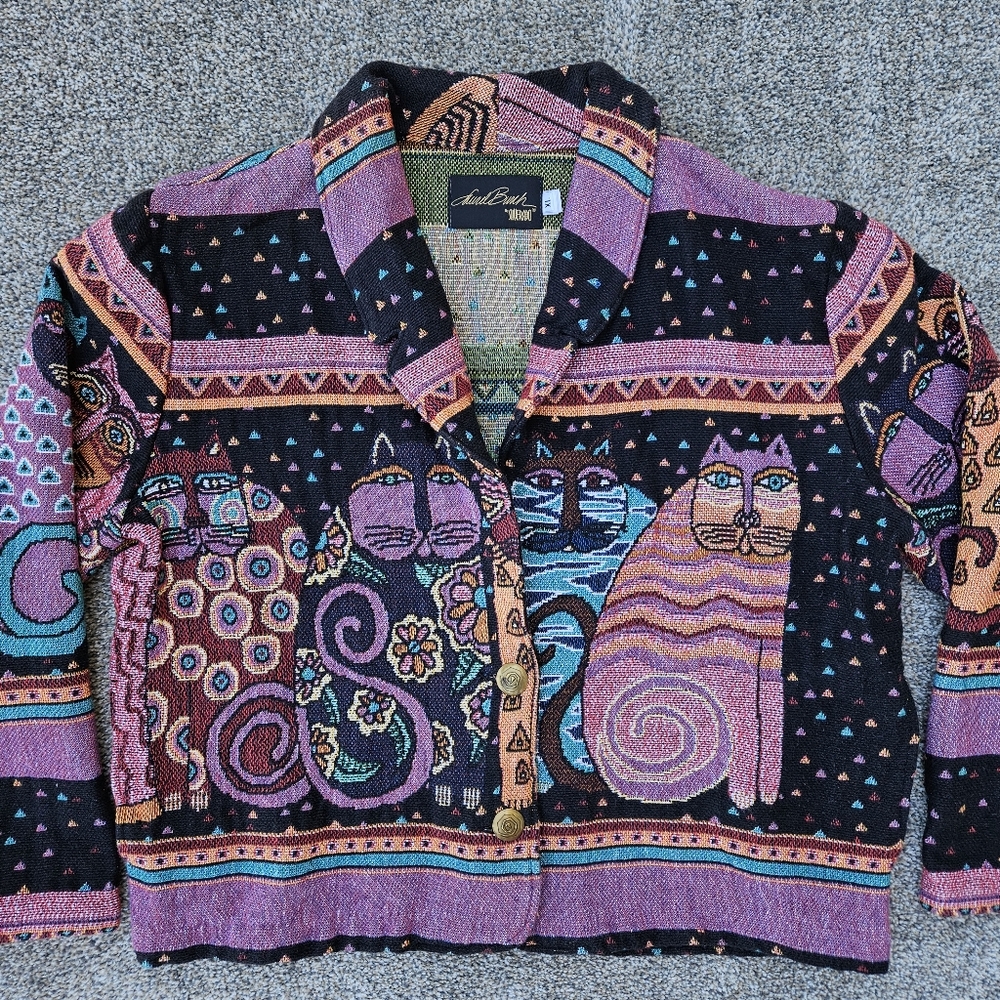 Laurel Burch Cat Tapestry Jacket Heavy Knit Sweater Rare Vintage Womens Size XL - Picture 2 of 16